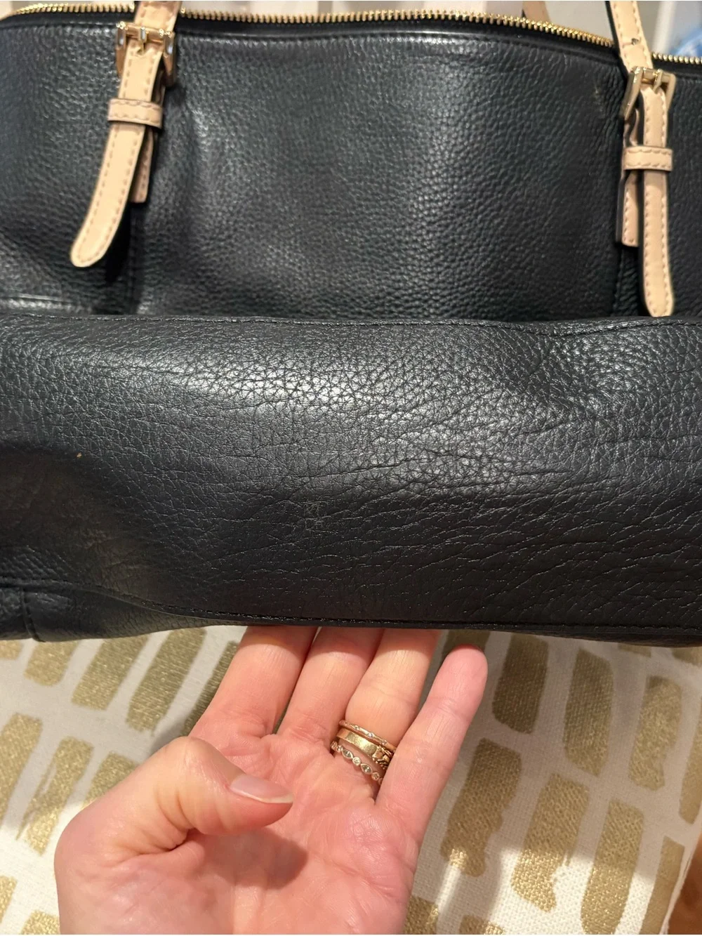Michael Kors Black Leather Tote with Tan Straps and Gold MK Charm